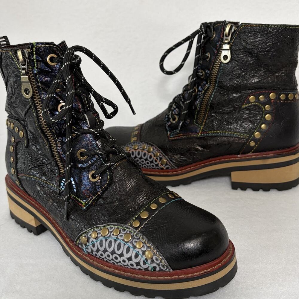 L'Artiste Spring Step RUGUP Studded Zip Lace Combat Boots Black Brown Women’s 8